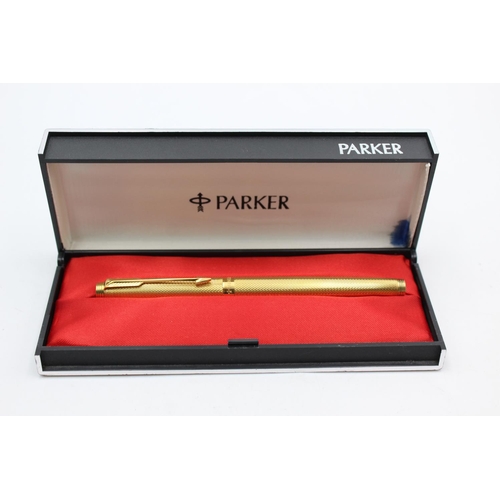 516 - Vintage PARKER 75 Rolled Gold FOUNTAIN PEN w/ 14ct Gold Nib WRITING Boxed (18g)