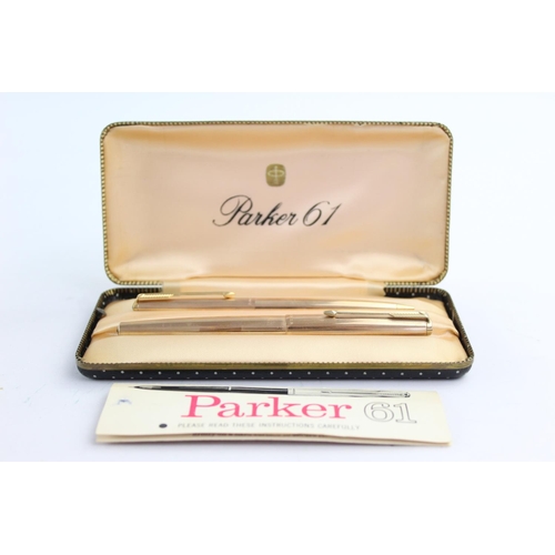 519 - Vintage PARKER 61 Rolled Gold FOUNTAIN PEN w/ Gold Plate Nib, Pencil, Box Etc