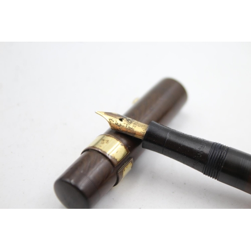 522 - Vintage MABIE TODD Swan Brown FOUNTAIN PEN w 9ct Gold Band, 14ct Nib WRITING 16g