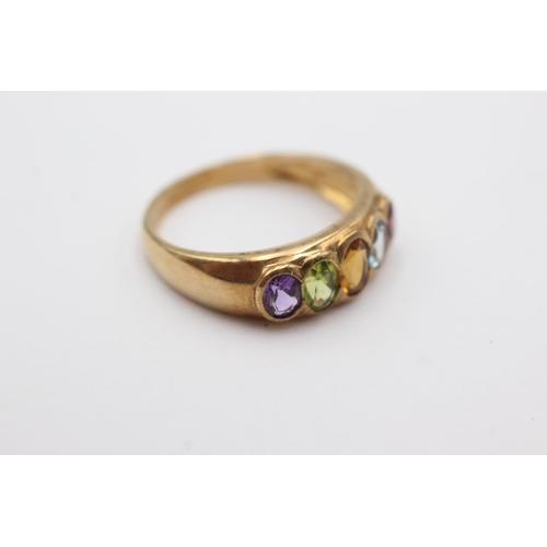 58 - 9ct gold garnet, peridot, amethyst, citrine & topaz ring (3.5g) Size R