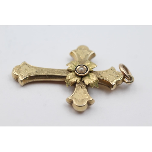 67 - 15ct gold antique pearl and enamel set cross pendant (10.7g)