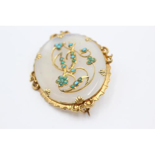 78 - 9ct gold antique chalcedony & turquoise brooch (25.8g)