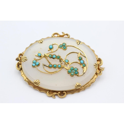 78 - 9ct gold antique chalcedony & turquoise brooch (25.8g)