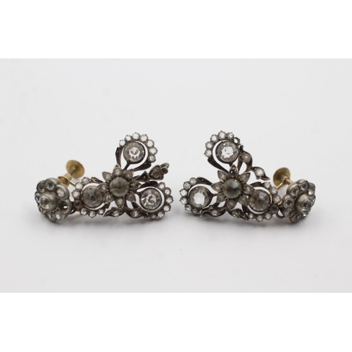 93 - 9ct gold and silver antique paste set drop screw back earrings, as seen (8.4g)