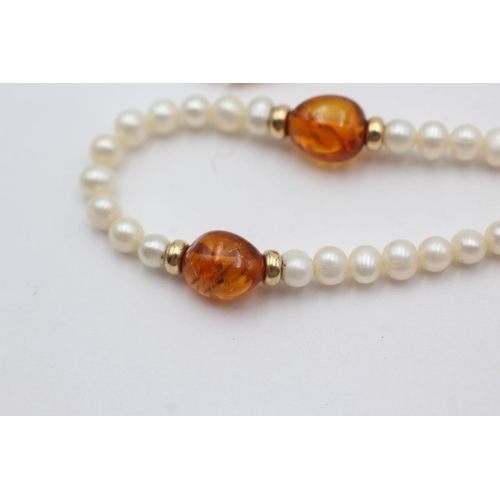 215 - 9ct gold clasped pearl & amber necklace (11.2g)