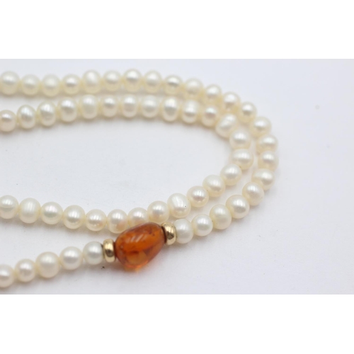 215 - 9ct gold clasped pearl & amber necklace (11.2g)