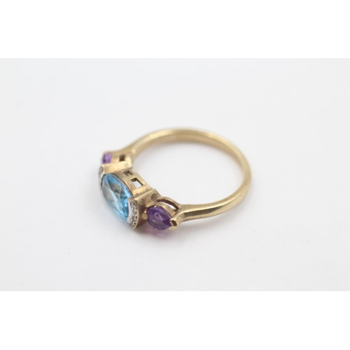 18 - 9ct gold diamond, topaz & amethyst ring (2.7g) size M