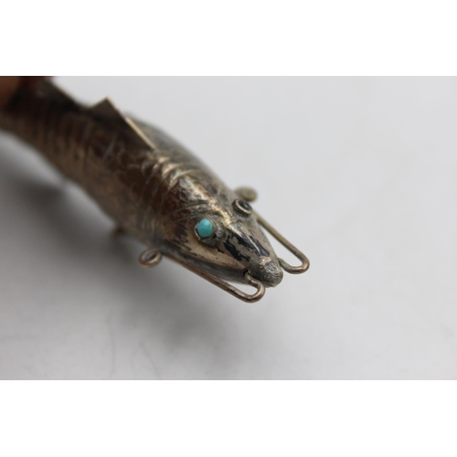 336 - Antique / Vintage Silver Plated Articulated Fish w/ Turquoise Eyes