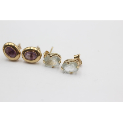 53 - 3 x 9ct gold paired gemstone stud earrings inc. amethyst, garnet & aquamarine (3.5g)