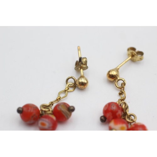 103 - 9ct gold millefiori beaded drop earrings (3.4g)