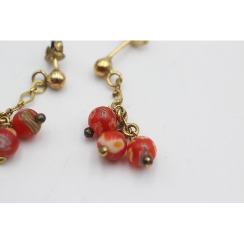 103 - 9ct gold millefiori beaded drop earrings (3.4g)