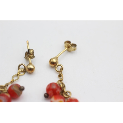 103 - 9ct gold millefiori beaded drop earrings (3.4g)