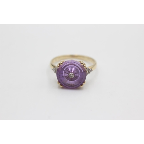 112 - 9ct gold diamond & amethyst ring (3.1g)  Size M