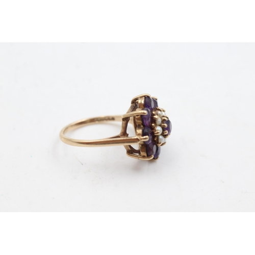 33 - 9ct gold pearl & amethyst floral set ring (4.5g)  Size N