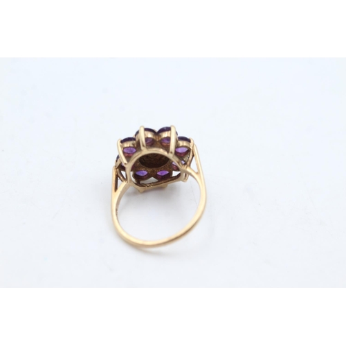 33 - 9ct gold pearl & amethyst floral set ring (4.5g)  Size N