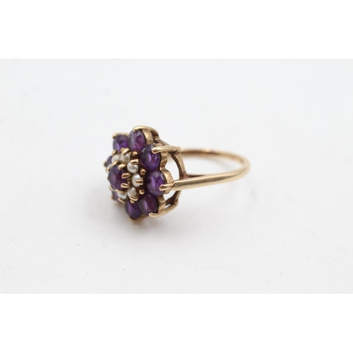 33 - 9ct gold pearl & amethyst floral set ring (4.5g)  Size N