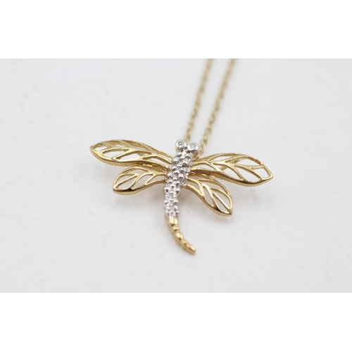 44 - 9ct gold dragonfly on chain with diamond detail (1.7g)