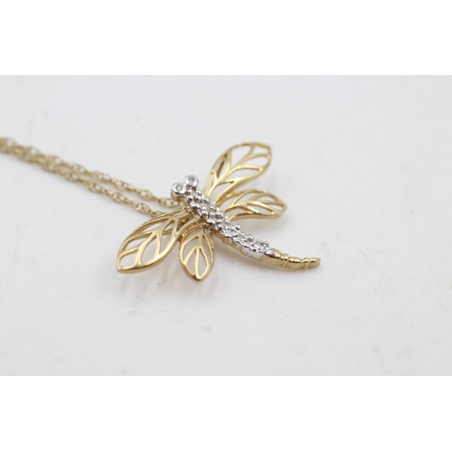 44 - 9ct gold dragonfly on chain with diamond detail (1.7g)