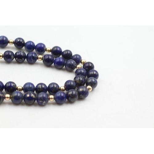 56 - 9ct gold vintage lapis lazuli polished bead necklace (23g)