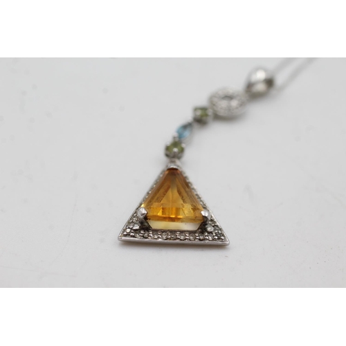 69 - 9ct white gold diamond, citrine, topaz & peridot pendant necklace (2.7g)