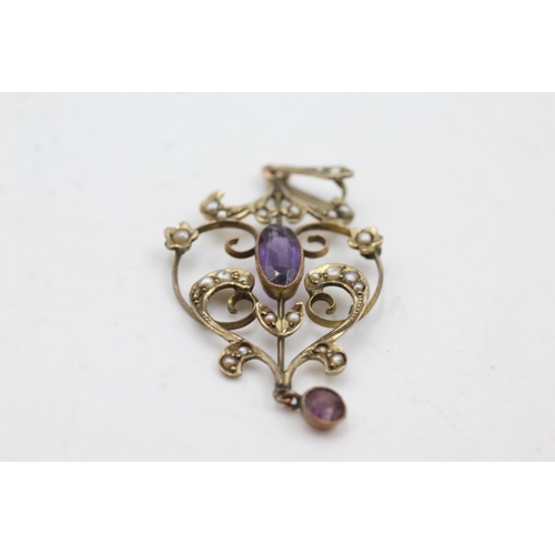 70 - 9ct gold antique amethyst & pearl lavalier pendant (2.9g)