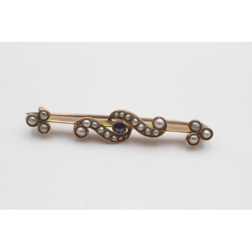 99 - 9ct gold antique sapphire & pearl bar brooch (3.7g)