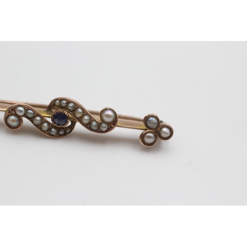 99 - 9ct gold antique sapphire & pearl bar brooch (3.7g)