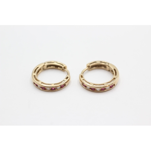 100 - 9ct gold ruby & diamond hoop earrings (3.1g)