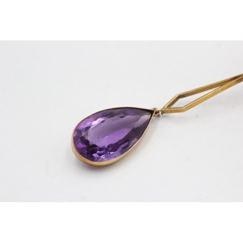 119 - 9ct gold amethyst drop pendant necklace (7.4g)