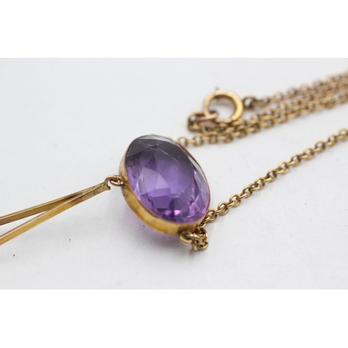 119 - 9ct gold amethyst drop pendant necklace (7.4g)