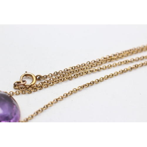 119 - 9ct gold amethyst drop pendant necklace (7.4g)