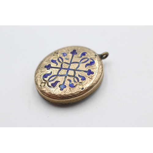 127 - 9ct gold back & front enamel detailed antique lockets (9.8g)