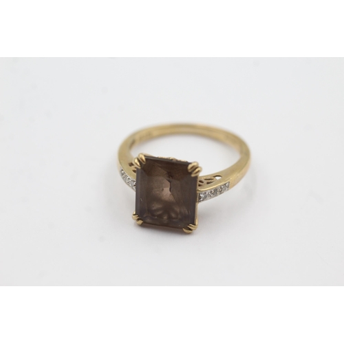 142 - 9ct gold smokey quartz & diamond ring (3.2g)  Size O