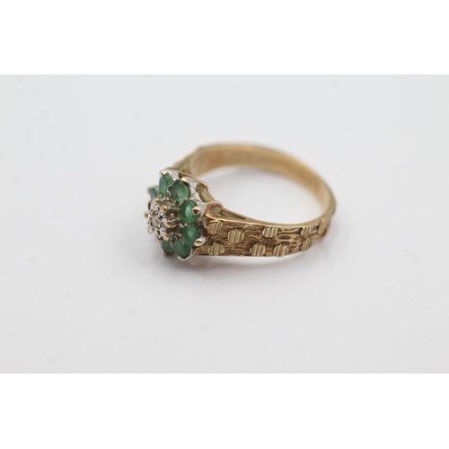 146 - 9ct gold diamond & emerald floral cluster ring (2.8g)  Size J