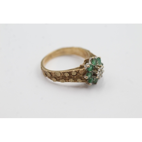 146 - 9ct gold diamond & emerald floral cluster ring (2.8g)  Size J