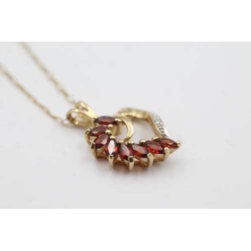 208 - 9ct gold diamond & garnet heart pendant on chain (2.9g)