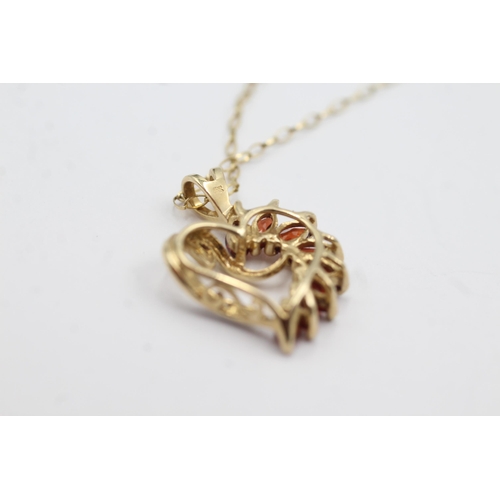 208 - 9ct gold diamond & garnet heart pendant on chain (2.9g)