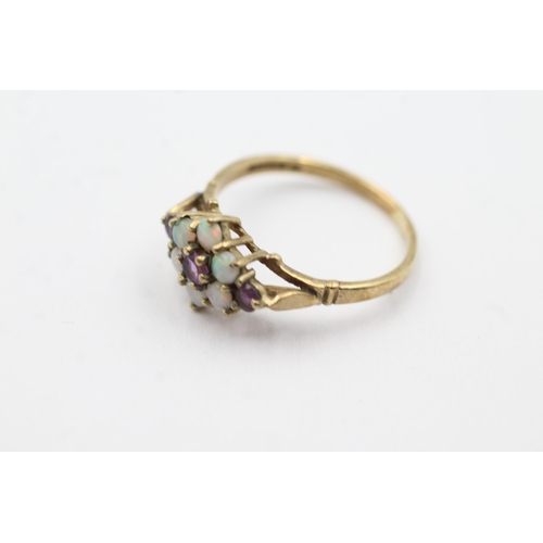 229 - 9ct gold opal & amethyst floral set ring (2.2g)  Size  Q