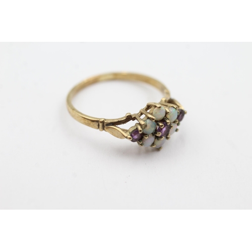 229 - 9ct gold opal & amethyst floral set ring (2.2g)  Size  Q