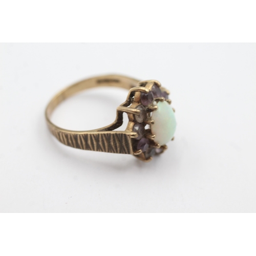 273 - 9ct gold amethyst framed opal floral set ring (4.3g)  Size  Q