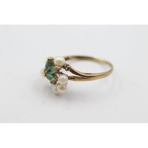 279 - 9ct gold pearl, emerald & diamond ring (2.1g)  Size  O