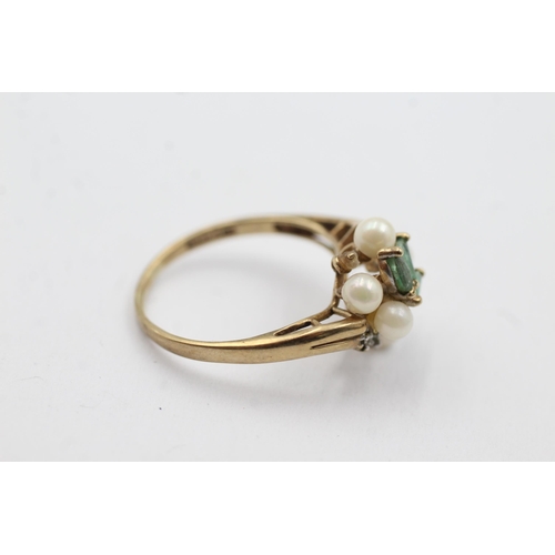 279 - 9ct gold pearl, emerald & diamond ring (2.1g)  Size  O