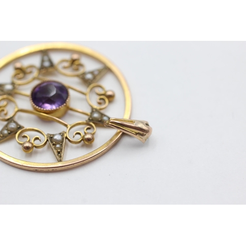 326 - 9ct gold antique amethyst & seed pearl pendant (2.7g)