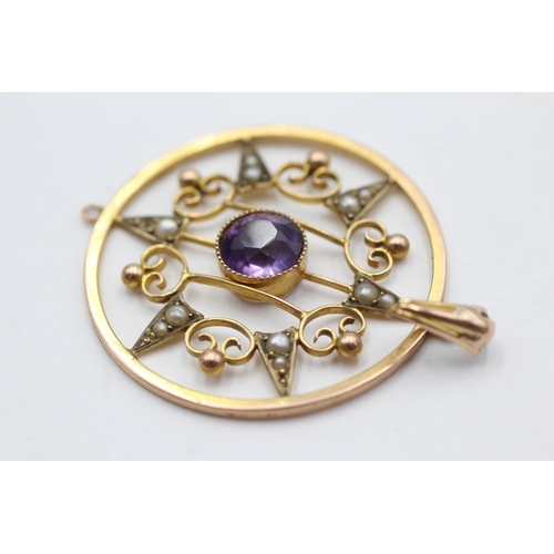 326 - 9ct gold antique amethyst & seed pearl pendant (2.7g)