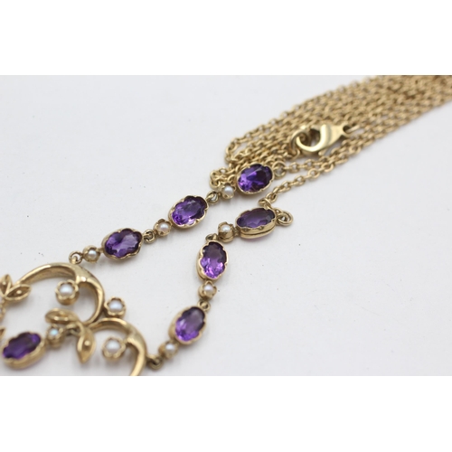 330 - 9ct gold amethyst & pearl static pendant necklace (10.6g)