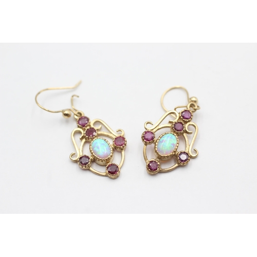 7 - 9ct gold opal & ruby drop earrings (4.6g)