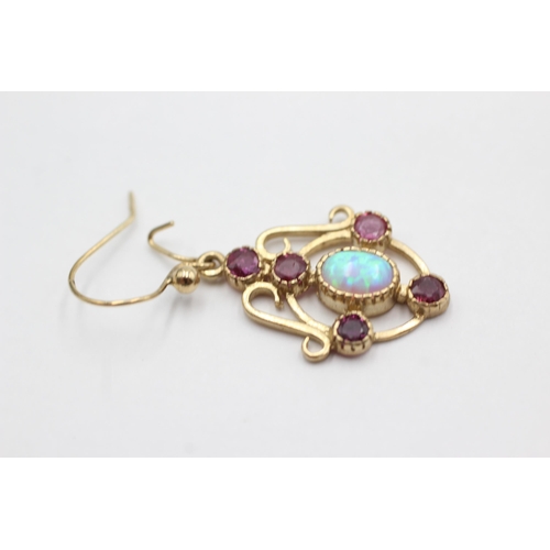 7 - 9ct gold opal & ruby drop earrings (4.6g)