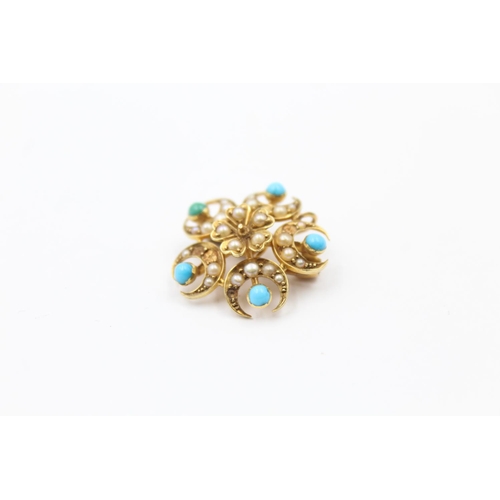 105 - 15ct gold turquoise & pearl brooch (4.1g)