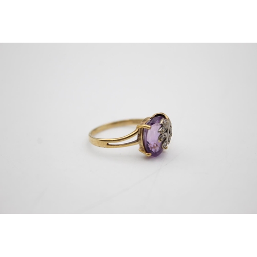 79 - 9ct gold amethyst & diamond ring (1.8g) Size J