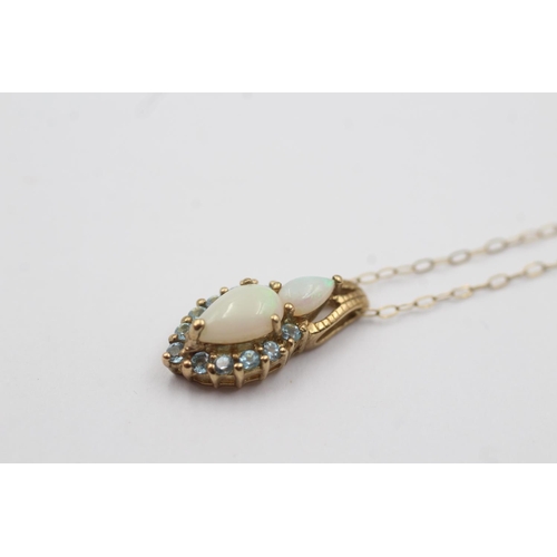 95 - 9ct gold opal & blue gemstone cluster pendant necklace (1.9g)